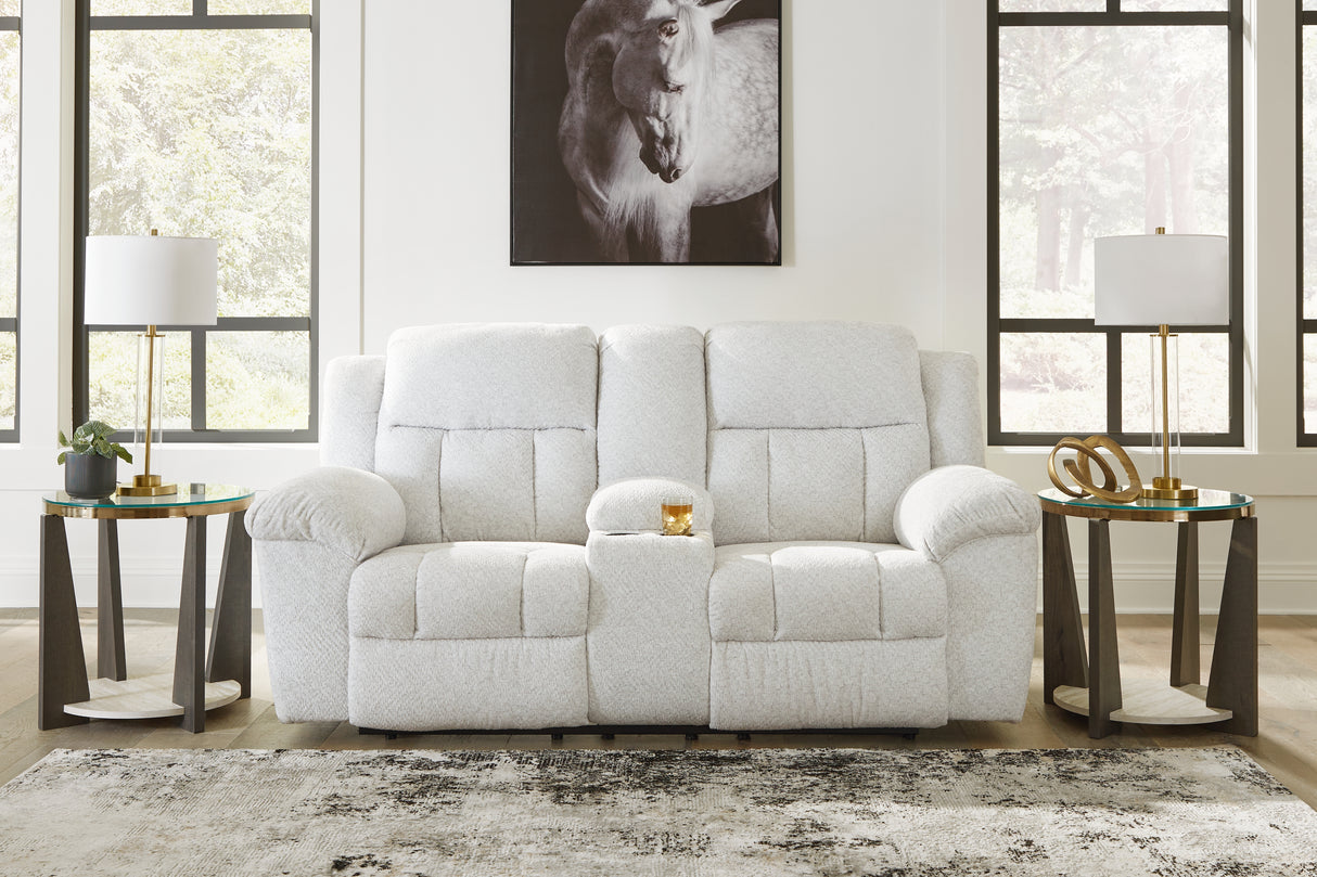 Nashville Furniture Outlets - Ashley Furniture - Frohn Living Room - DBL Rec Loveseat w/Console / Snow - 3740594