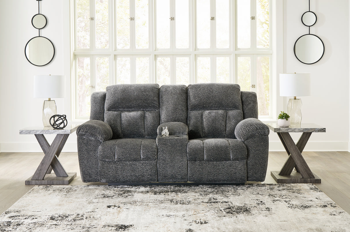 Nashville Furniture Outlets - Ashley Furniture - Frohn Living Room - DBL Rec Loveseat w/Console / Graphite - 3740694