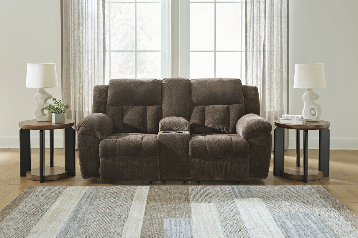 Nashville Furniture Outlets - Ashley Furniture - Frohn Living Room - DBL Rec Loveseat w/Console / Chocolate - 3740794