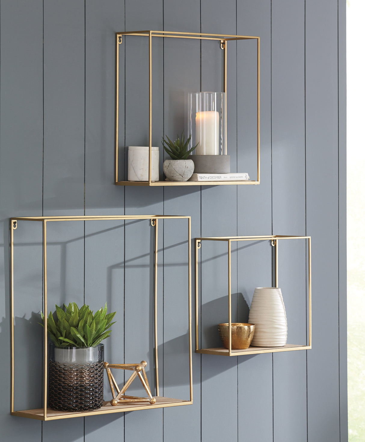Nashville Furniture Outlets - Ashley Furniture - Efharis Wall Decor - Wall Shelf Set (3/CN) / Natural/Gold Finish - A8010107
