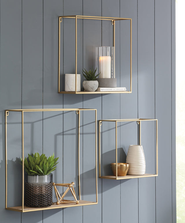 Nashville Furniture Outlets - Ashley Furniture - Efharis Wall Decor - Wall Shelf Set (3/CN) / Natural/Gold Finish - A8010107