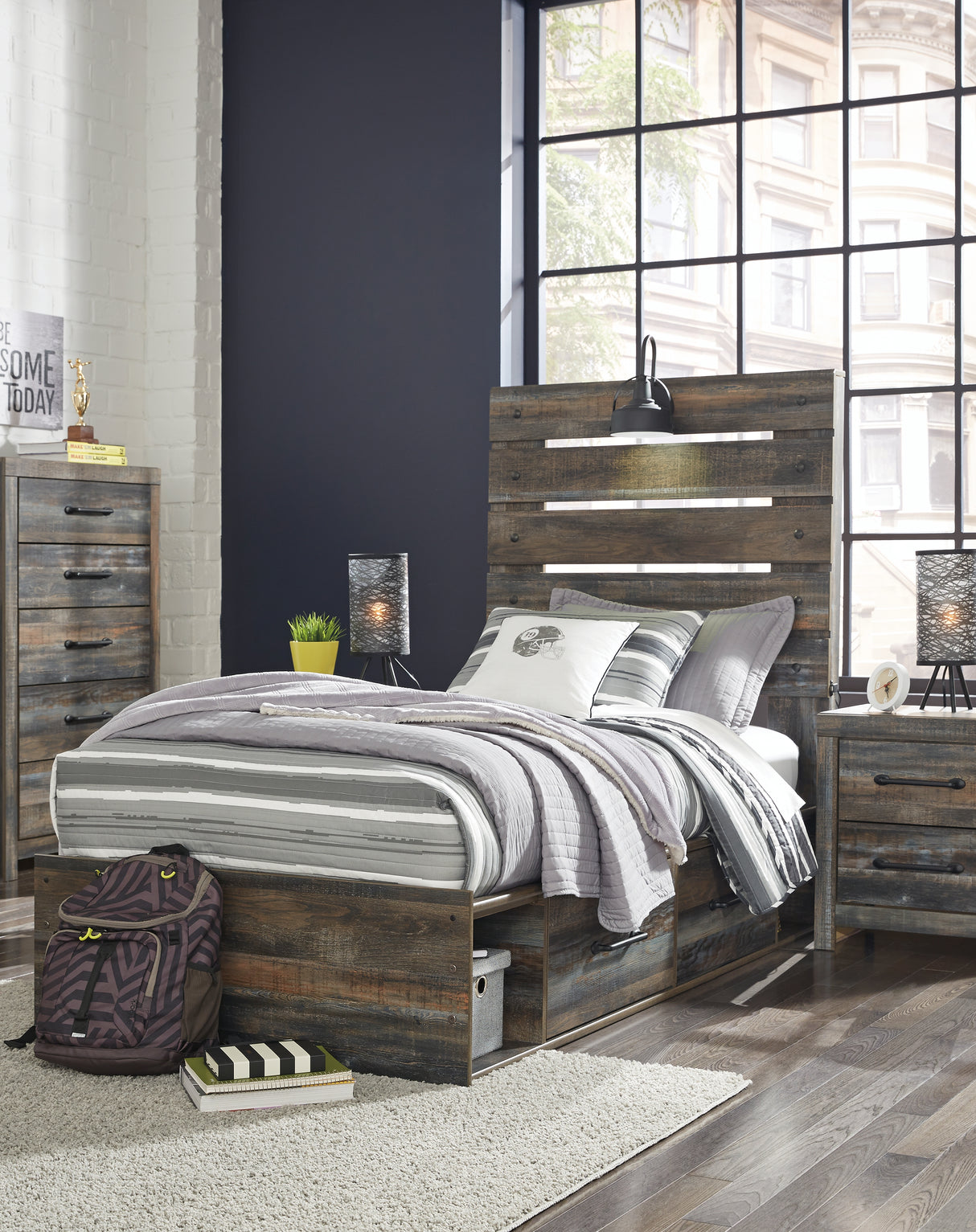 Nashville Furniture Outlets - Ashley Furniture - Drystan Bedroom - Twin Panel Bed with 2 Storage Drawers / Multi - B211B8