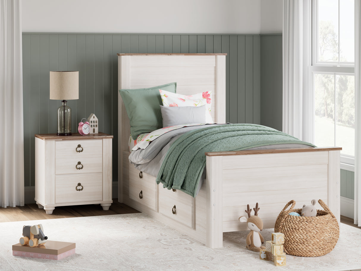 Nashville Furniture Outlets - Ashley Furniture - Willowton Bedroom - Twin Panel Bed with 2 Storage Drawers / Whitewash - B267B21