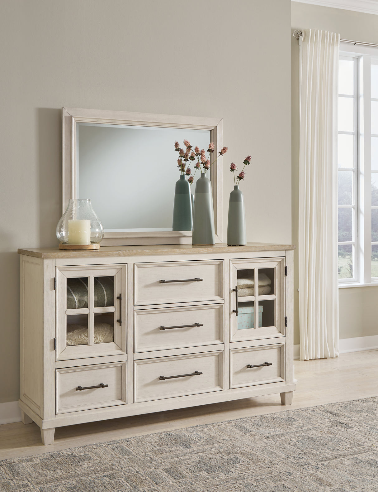 Nashville Furniture Outlets - Ashley Furniture - Shaybrock Bedroom - Dresser and Mirror / Antique White/Brown - B683B1