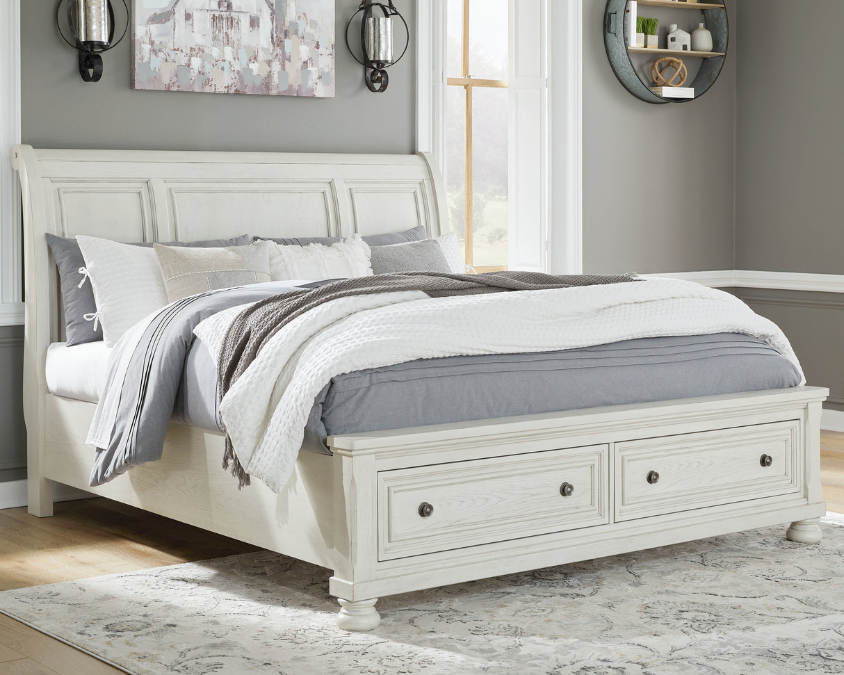 Nashville Furniture Outlets - Ashley Furniture - Robbinsdale Bedroom - King Sleigh Bed with Storage / Antique White - B742B8