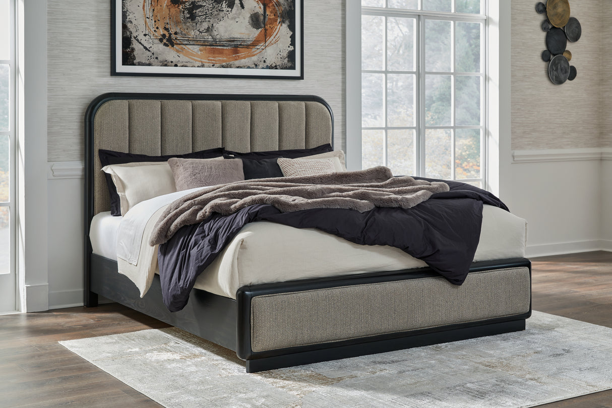 Nashville Furniture Outlets - Ashley Furniture - Rowanbeck Bedroom - King Upholstered Panel Bed / Gray/Black - B821B4
