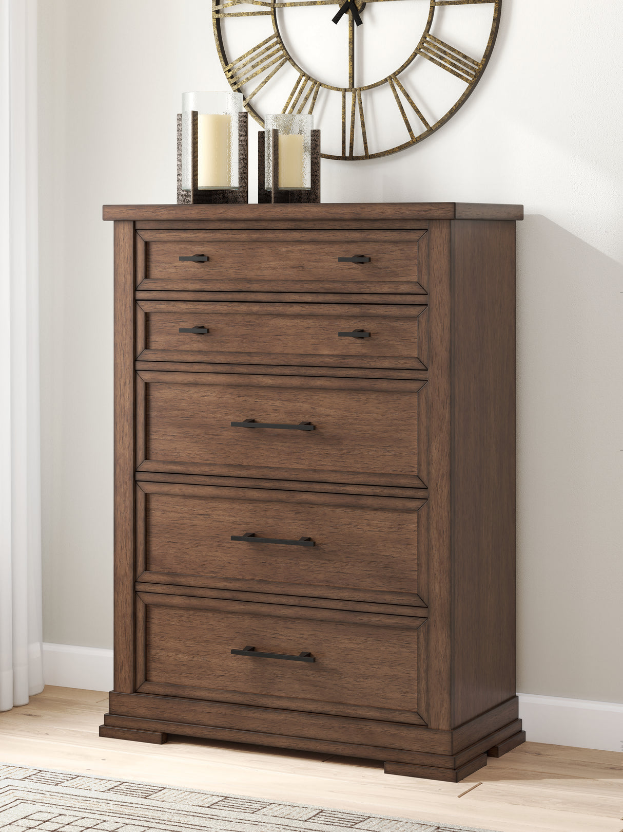 Nashville Furniture Outlets - Ashley Furniture - Taffenbrook Bedroom - Five Drawer Chest / Medium Brown - B849-46