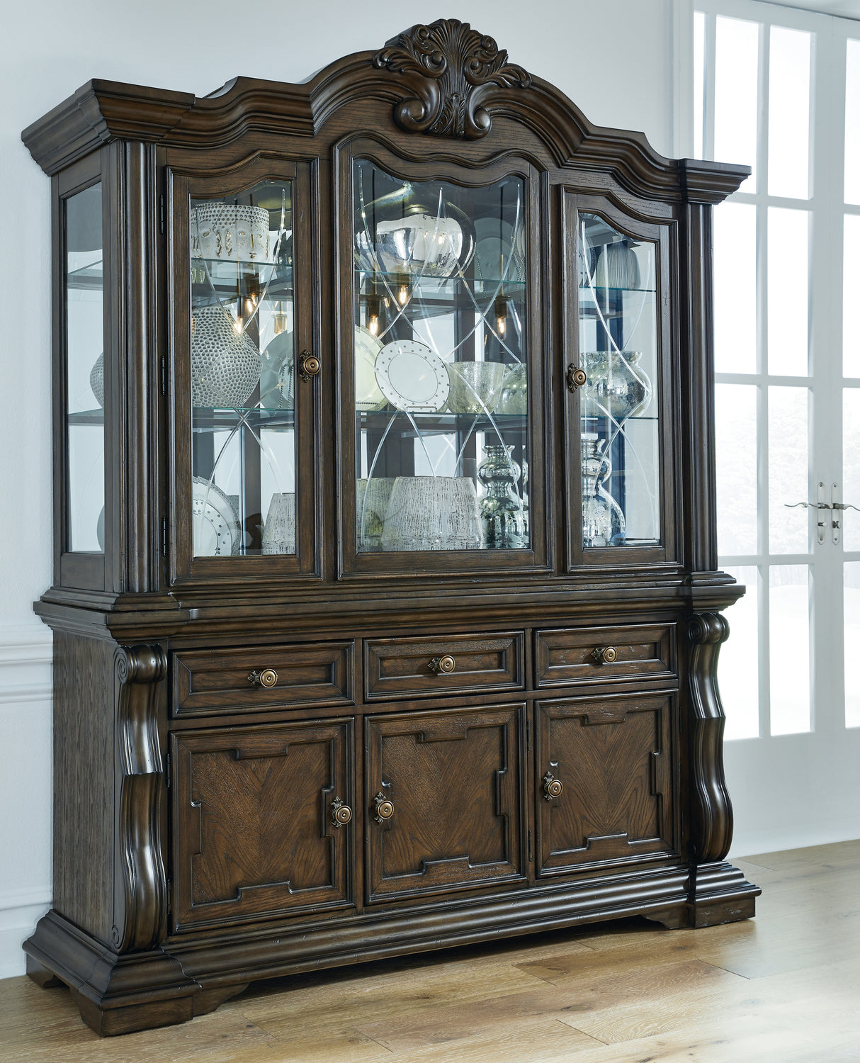 Nashville Furniture Outlets - Ashley Furniture - Maylee Dining Room - Dining Buffet and Hutch / Dark Brown / 71.75"W x 20.75"D x 89.25"H - D947D1