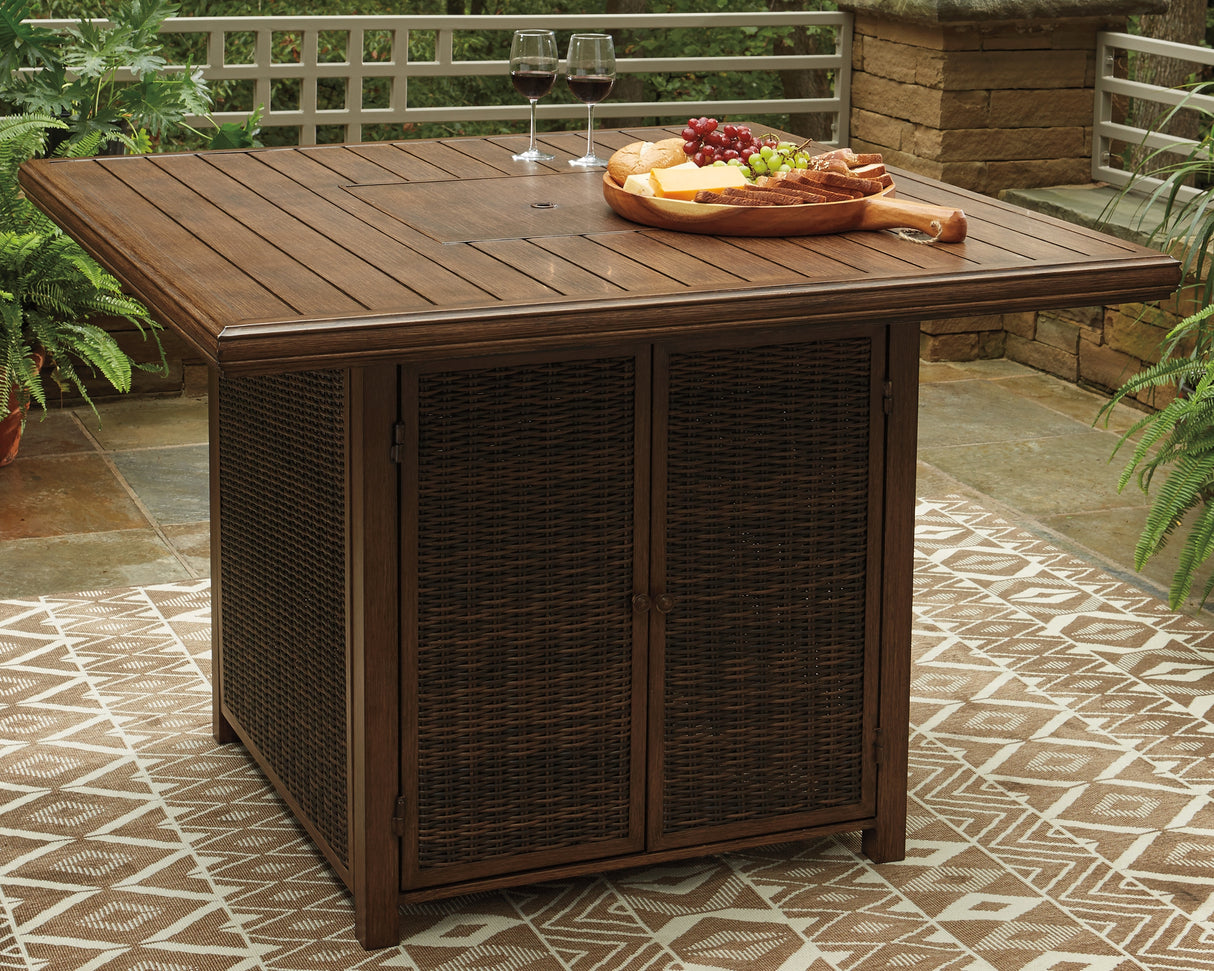 Nashville Furniture Outlets - Ashley Furniture - Paradise Trail Outdoor - Square Bar Table w/Fire Pit / Medium Brown - P750-665
