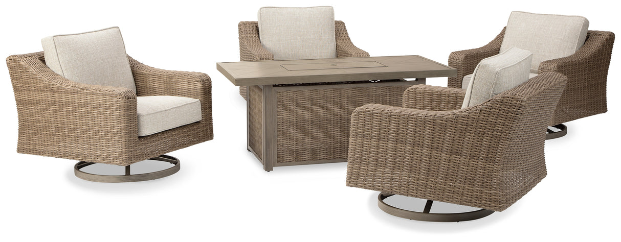 Nashville Furniture Outlets - Ashley Furniture - Beachcroft Outdoor - 5-Piece Outdoor Fire Pit Table with 4 Chairs / Beige - P791P17