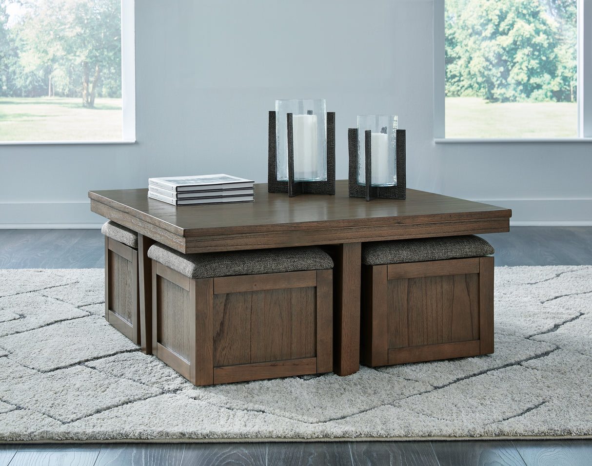 Nashville Furniture Outlets - Ashley Furniture - Boardernest Coffee Table with 4 Stools - Cocktail TBL w/4 Stools (5/CN) / Brown - T738-20