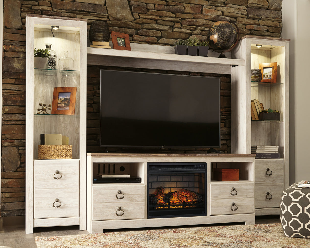 Nashville Furniture Outlets - Ashley Furniture - Willowton 4-Piece Entertainment Center with Electric Fireplace - 4-Piece Entertainment Center with Electric Fireplace / Whitewash - W267W9
