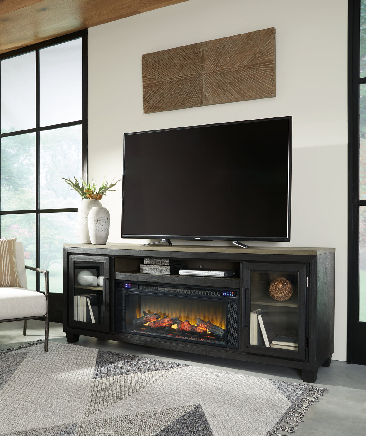 Nashville Furniture Outlets - Ashley Furniture - Foyland 83" TV Stand with Electric Fireplace - 83" TV Stand with Electric Fireplace / Black/Brown - W989W1