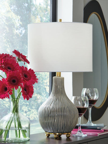 Nashville Furniture Outlets - Ashley Furniture - Judlen Lighting - Ceramic Table Lamp (1/CN) / Gray/Gold Finish - L100844
