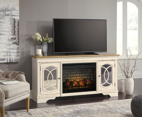 Nashville Furniture Outlets - Ashley Furniture - Realyn 74" TV Stand with Electric Fireplace - 74" TV Stand with Electric Fireplace / Chipped White - W743W2